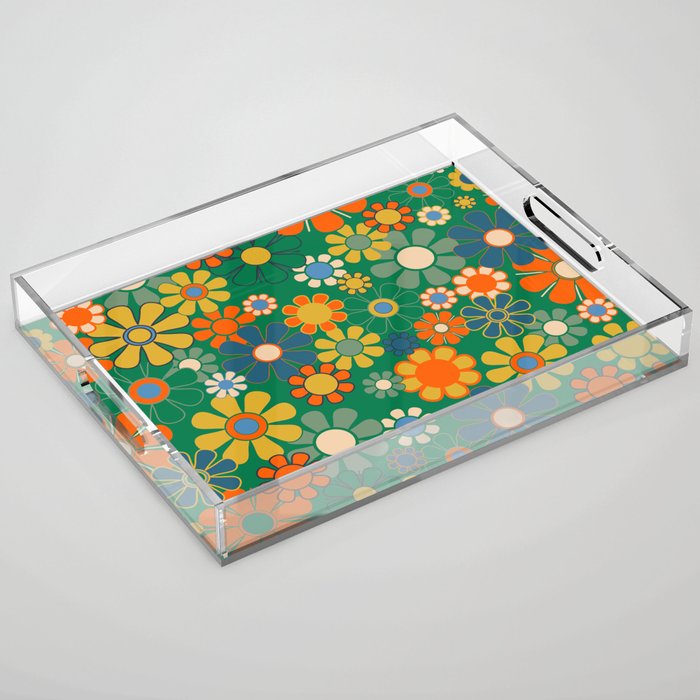 Retro Garden Flowers Groovy Green 60s 70s Floral Pattern Acrylic Tray Gallery Image 1