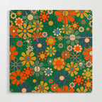 Retro Garden Flowers Groovy Green 60s 70s Floral Pattern Wood Wall Art Gallery Image 1