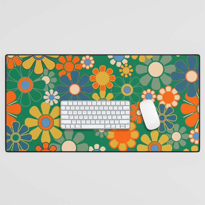 Retro Garden Flowers Groovy Green 60s 70s Floral Pattern Desk Mat Gallery Image 1