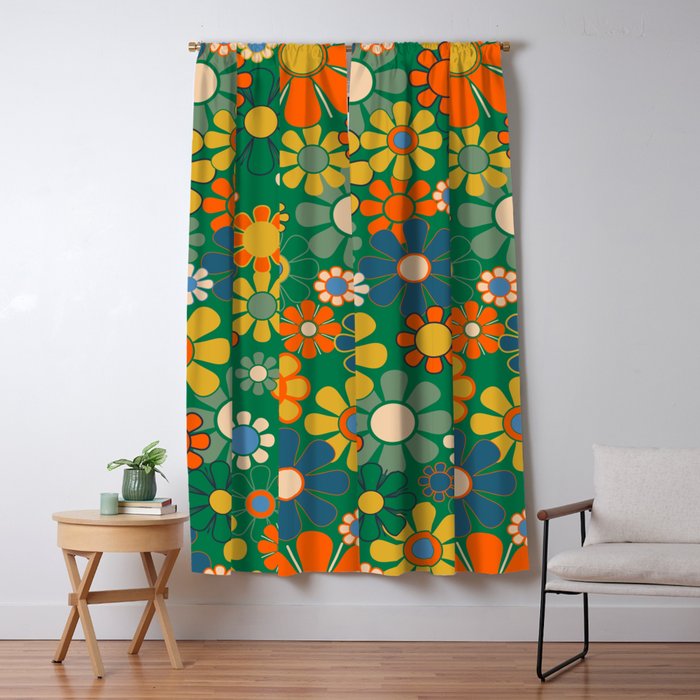 Retro Garden Flowers Groovy Green 60s 70s Floral Pattern Window Curtain Gallery Image 5