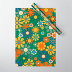 Retro Garden Flowers Groovy Green 60s 70s Floral Pattern Wrapping Paper Gallery Image 1