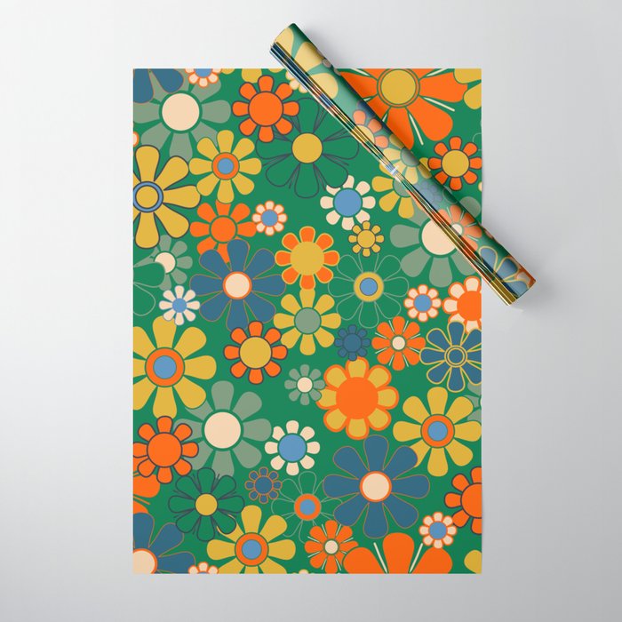 Retro Garden Flowers Groovy Green 60s 70s Floral Pattern Wrapping Paper Gallery Image 1