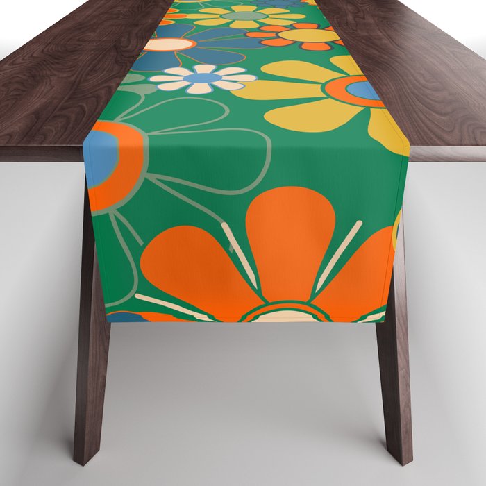 Retro Garden Flowers Groovy Green 60s 70s Floral Pattern Table Runner Gallery Image 1