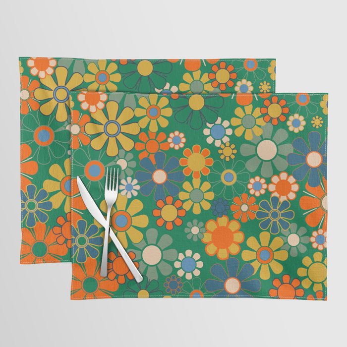 Retro Garden Flowers Groovy Green 60s 70s Floral Pattern Placemat Gallery Image 1