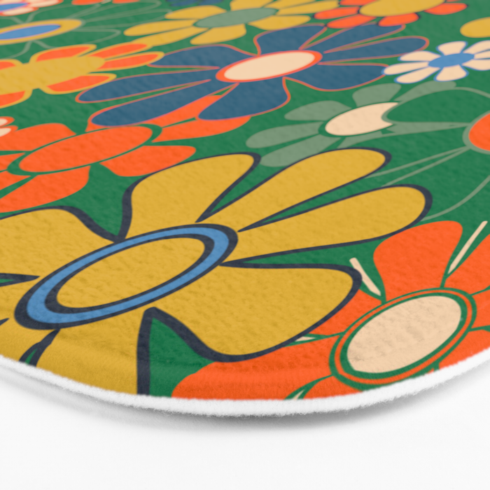 Retro Garden Flowers Groovy Green 60s 70s Floral Pattern Bath Mat Gallery Image 3