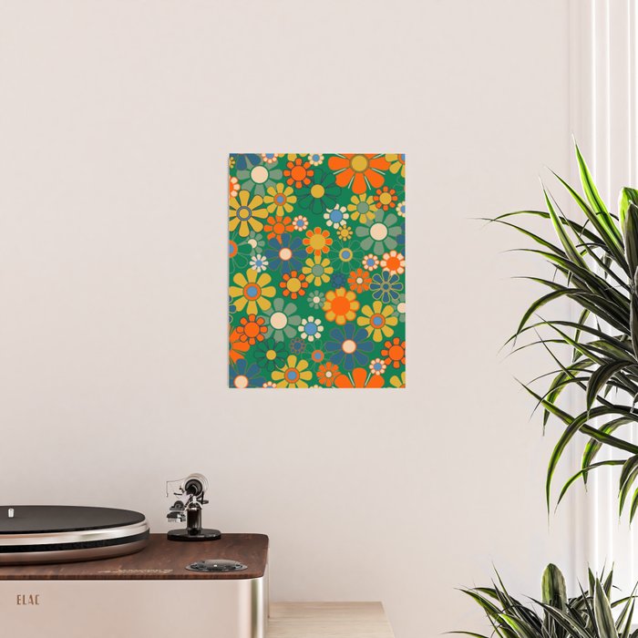 Retro Garden Flowers Groovy Green 60s 70s Floral Pattern Poster Gallery Image 2