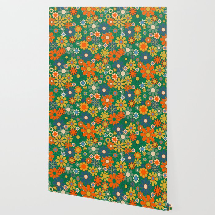 Retro Garden Flowers Groovy Green 60s 70s Floral Pattern Wallpaper Gallery Image 2