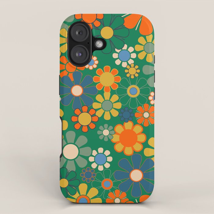 Retro Garden Flowers Groovy Green 60s 70s Floral Pattern iPhone Case Gallery Image 1