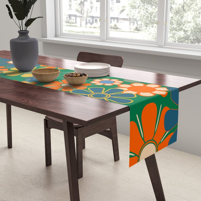 Retro Garden Flowers Groovy Green 60s 70s Floral Pattern Table Runner Gallery Image 2