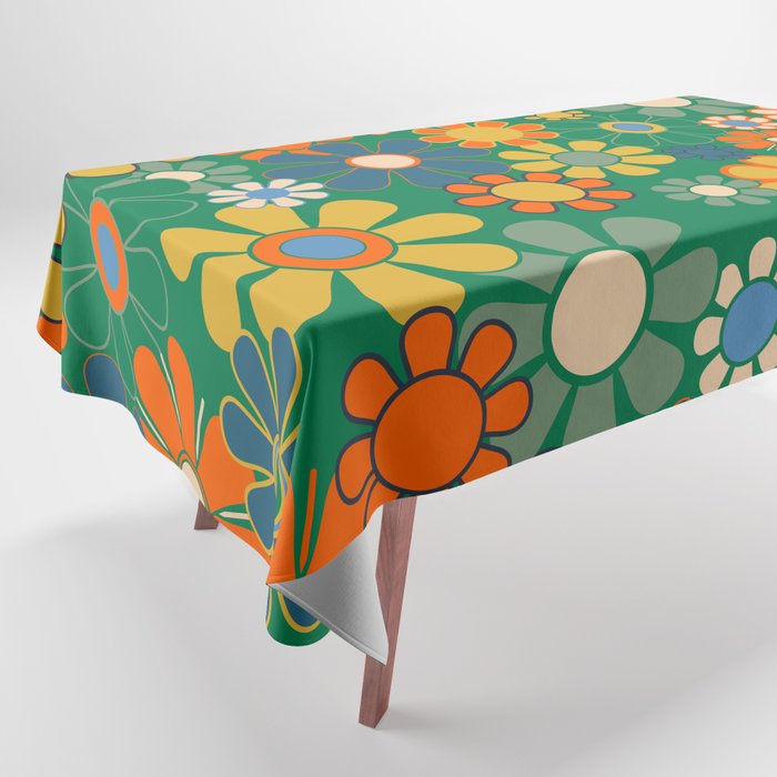 Retro Garden Flowers Groovy Green 60s 70s Floral Pattern Tablecloth Gallery Image 1