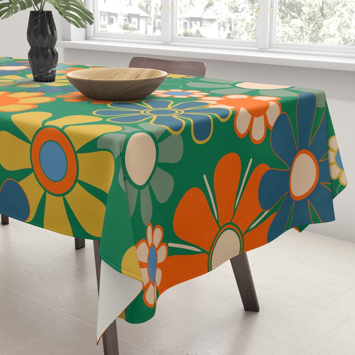 Retro Garden Flowers Groovy Green 60s 70s Floral Pattern Tablecloth Gallery Image 3