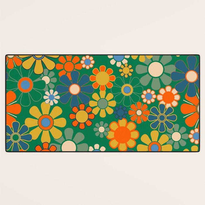 Retro Garden Flowers Groovy Green 60s 70s Floral Pattern Desk Mat Gallery Image 3