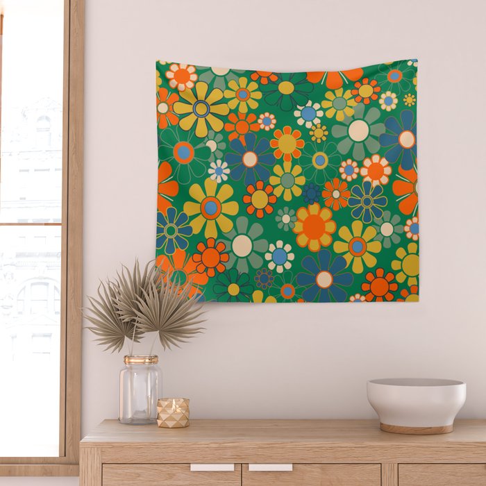 Retro Garden Flowers Groovy Green 60s 70s Floral Pattern Wall Tapestry Gallery Image 2