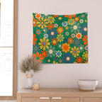 Retro Garden Flowers Groovy Green 60s 70s Floral Pattern Wall Tapestry Gallery Image 2