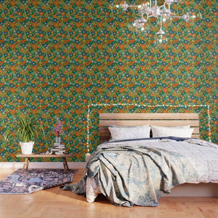 Retro Garden Flowers Groovy Green 60s 70s Floral Pattern Wallpaper Gallery Image 3