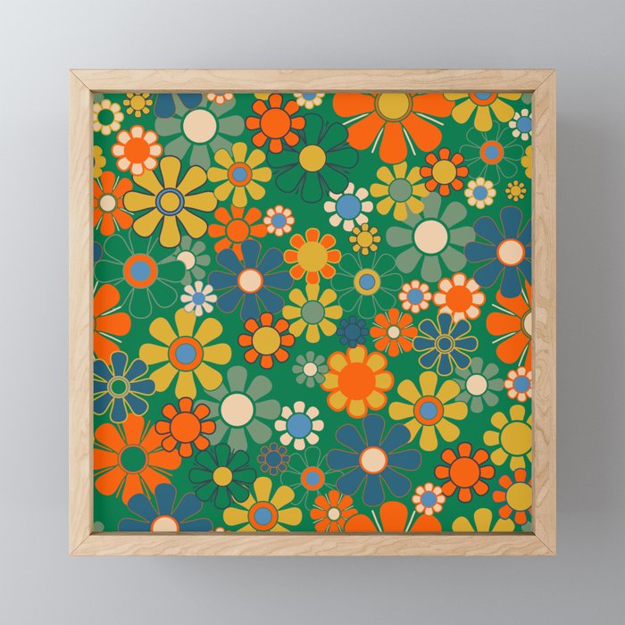 Retro Garden Flowers Groovy Green 60s 70s Floral Pattern Mini Art Print Gallery Image 1