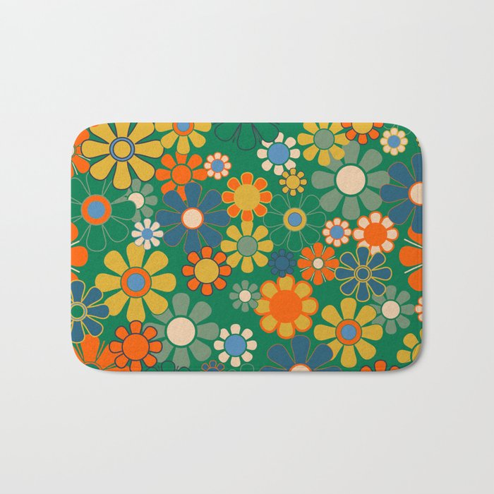Retro Garden Flowers Groovy Green 60s 70s Floral Pattern Bath Mat Gallery Image 1