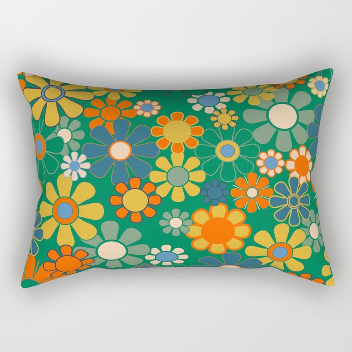 Retro Garden Flowers Groovy Green 60s 70s Floral Pattern Rectangular Pillow Gallery Image 2