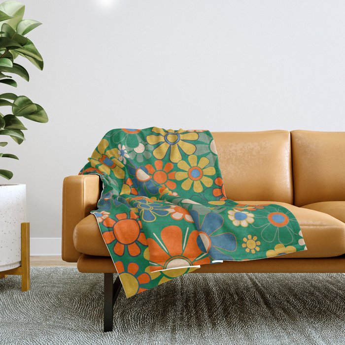 Retro Garden Flowers Groovy Green 60s 70s Floral Pattern Throw Blanket Gallery Image 1