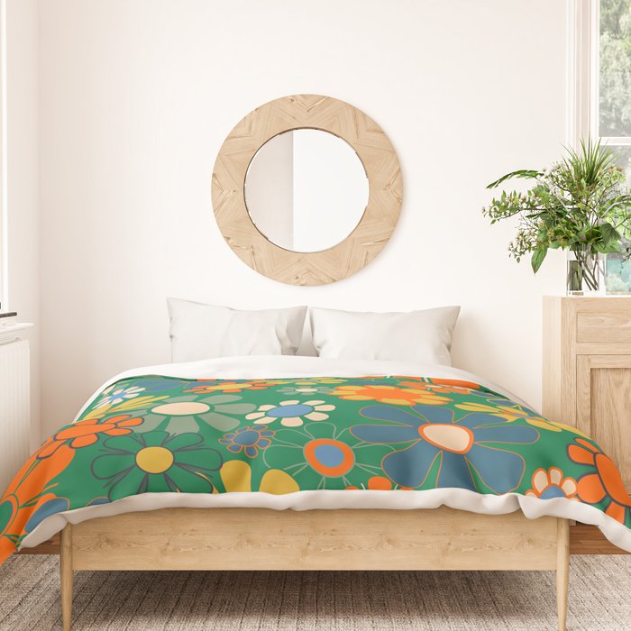 Retro Garden Flowers Groovy Green 60s 70s Floral Pattern Duvet Cover Gallery Image 3