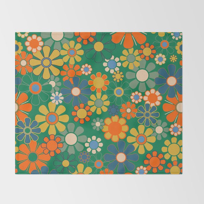 Retro Garden Flowers Groovy Green 60s 70s Floral Pattern Throw Blanket Gallery Image 2