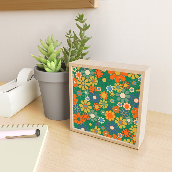 Retro Garden Flowers Groovy Green 60s 70s Floral Pattern Mini Art Print Gallery Image 2