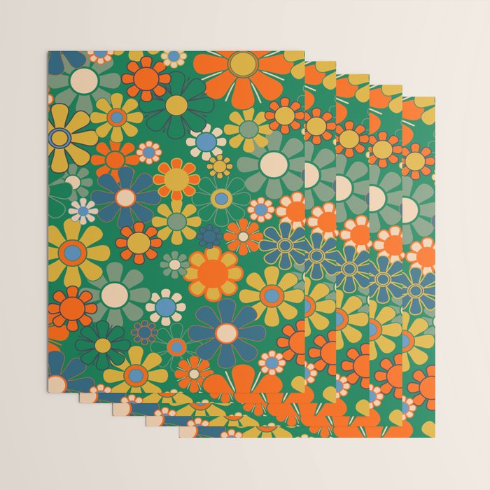 Retro Garden Flowers Groovy Green 60s 70s Floral Pattern Wrapping Paper Gallery Image 3