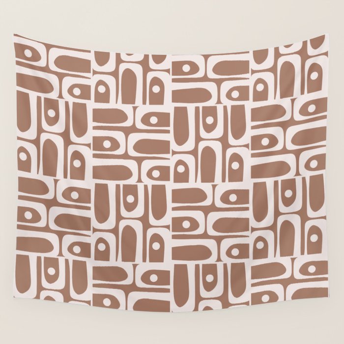 Mid Century Modern Piquet Abstract Multi Geometric Pattern in Mocha Brown Wall Tapestry Gallery Image 1