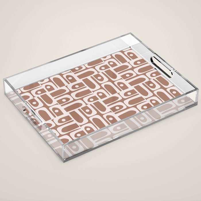 Mid Century Modern Piquet Abstract Multi Geometric Pattern in Mocha Brown Acrylic Tray Gallery Image 1