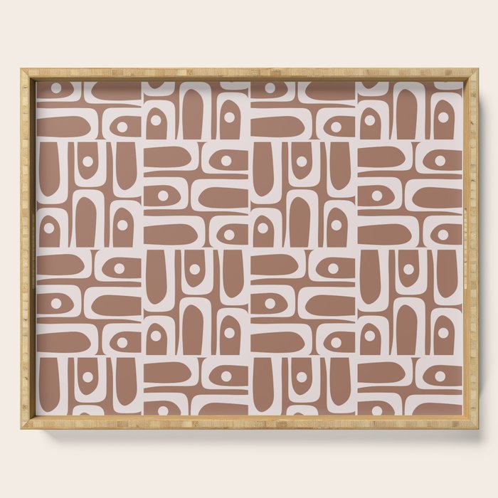 Mid Century Modern Piquet Abstract Multi Geometric Pattern in Mocha Brown Serving Tray Gallery Image 1