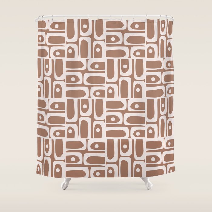 Mid Century Modern Piquet Abstract Multi Geometric Pattern in Mocha Brown Shower Curtain Gallery Image 1