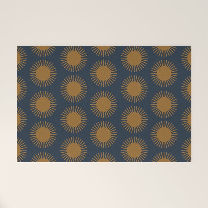 Boho Summer Sun Pattern VII Navy Blue Burnt Orange Welcome Mat Gallery Image 1