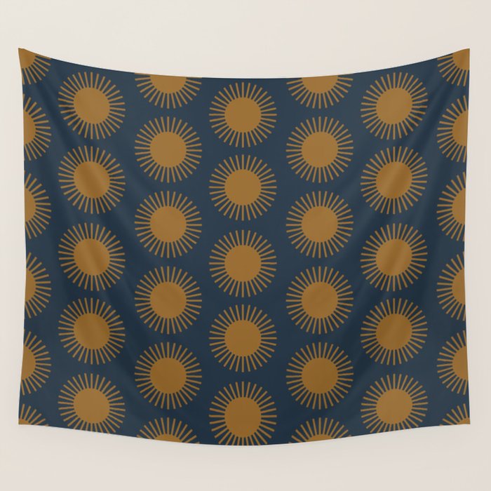 Boho Summer Sun Pattern VII Navy Blue Burnt Orange Wall Tapestry Gallery Image 4