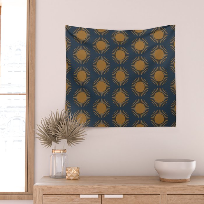 Boho Summer Sun Pattern VII Navy Blue Burnt Orange Wall Tapestry Gallery Image 2
