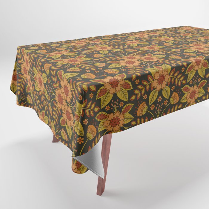 Orange, Peach, Olive Green & Dark Gray Floral Pattern Tablecloth Gallery Image 1