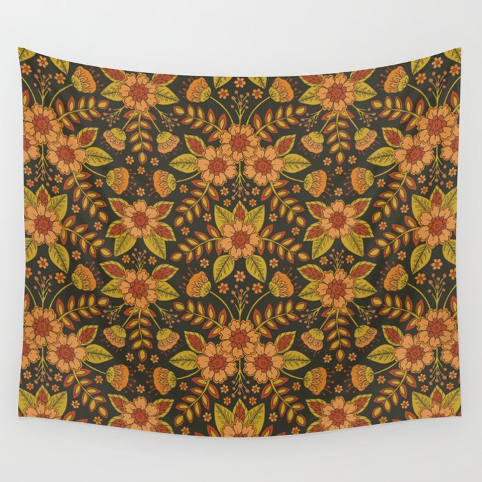 Orange, Peach, Olive Green & Dark Gray Floral Pattern Wall Tapestry Gallery Image 4