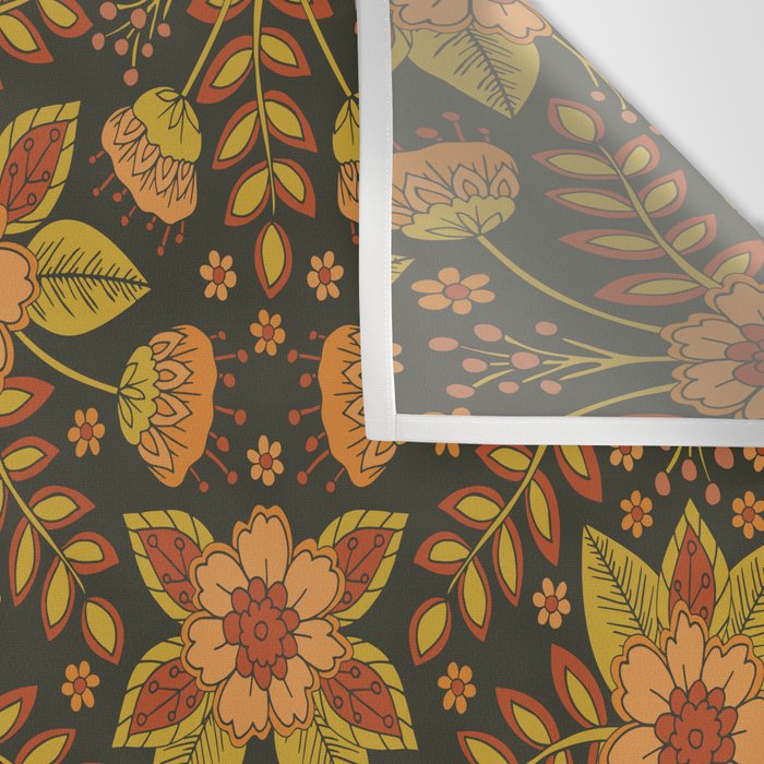 Orange, Peach, Olive Green & Dark Gray Floral Pattern Wall Tapestry Gallery Image 3
