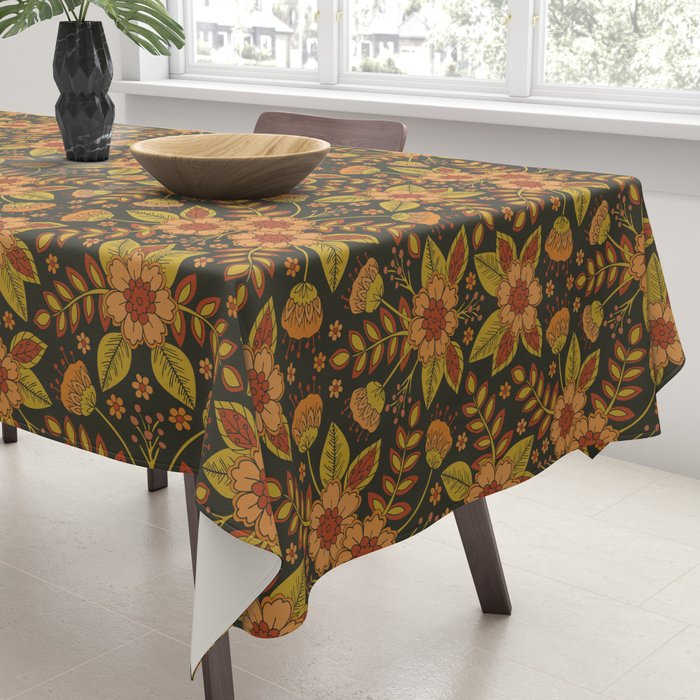 Orange, Peach, Olive Green & Dark Gray Floral Pattern Tablecloth Gallery Image 3