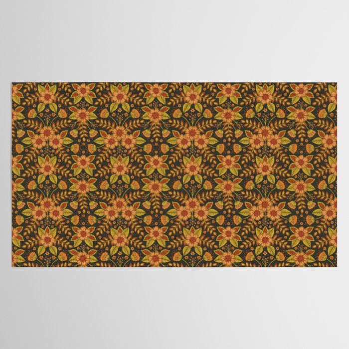 Orange, Peach, Olive Green & Dark Gray Floral Pattern Tablecloth Gallery Image 2