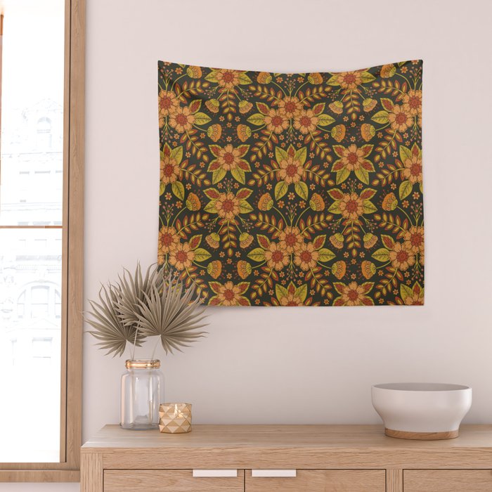 Orange, Peach, Olive Green & Dark Gray Floral Pattern Wall Tapestry Gallery Image 2