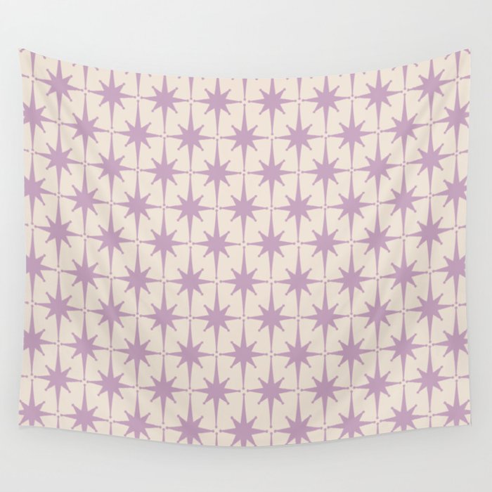 Midcentury Modern Atomic Starburst Pattern Lilac Cream Wall Tapestry Gallery Image 4