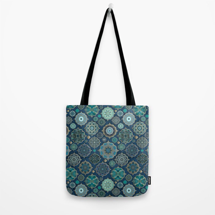 Teal Turquoise Gold Moroccan Tiles Boho Vintage Elegance Quatrefoil Shapes Tote Bag Gallery Image 2