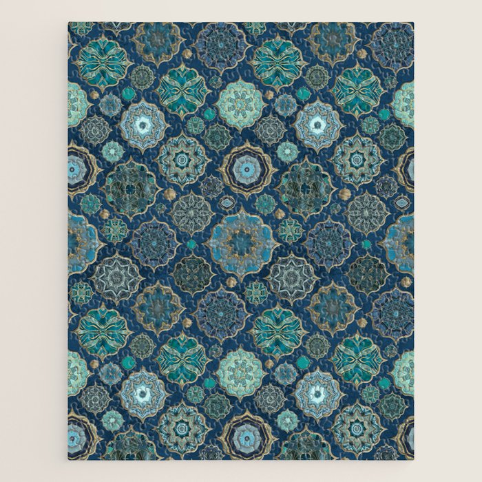 Teal Turquoise Gold Moroccan Tiles Boho Vintage Elegance Quatrefoil Shapes Jigsaw Puzzle Gallery Image 1