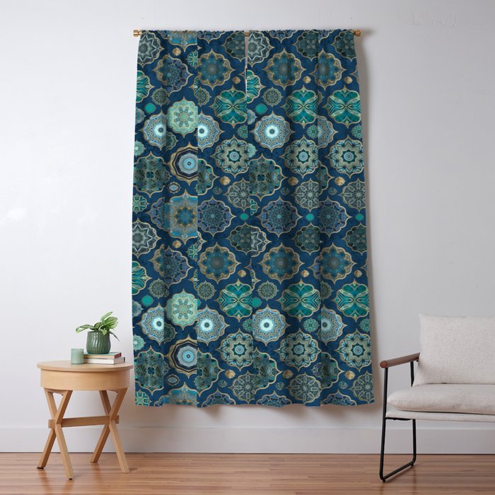 Teal Turquoise Gold Moroccan Tiles Boho Vintage Elegance Quatrefoil Shapes Window Curtain Gallery Image 1