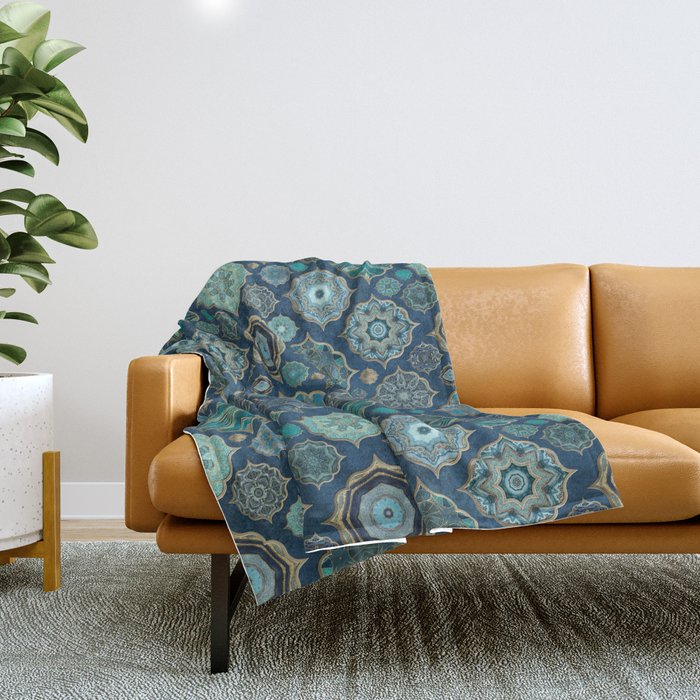Teal Turquoise Gold Moroccan Tiles Boho Vintage Elegance Quatrefoil Shapes Throw Blanket Gallery Image 1