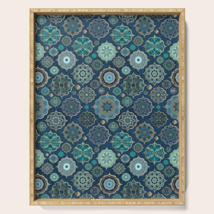 Teal Turquoise Gold Moroccan Tiles Boho Vintage Elegance Quatrefoil Shapes Serving Tray Gallery Image 1