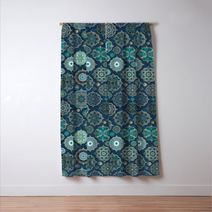 Teal Turquoise Gold Moroccan Tiles Boho Vintage Elegance Quatrefoil Shapes Window Curtain Gallery Image 3