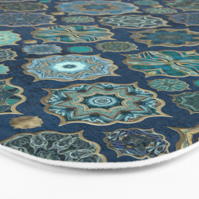 Teal Turquoise Gold Moroccan Tiles Boho Vintage Elegance Quatrefoil Shapes Bath Mat Gallery Image 3