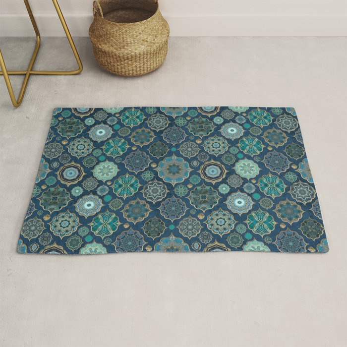 Teal Turquoise Gold Moroccan Tiles Boho Vintage Elegance Quatrefoil Shapes Rug Gallery Image 1