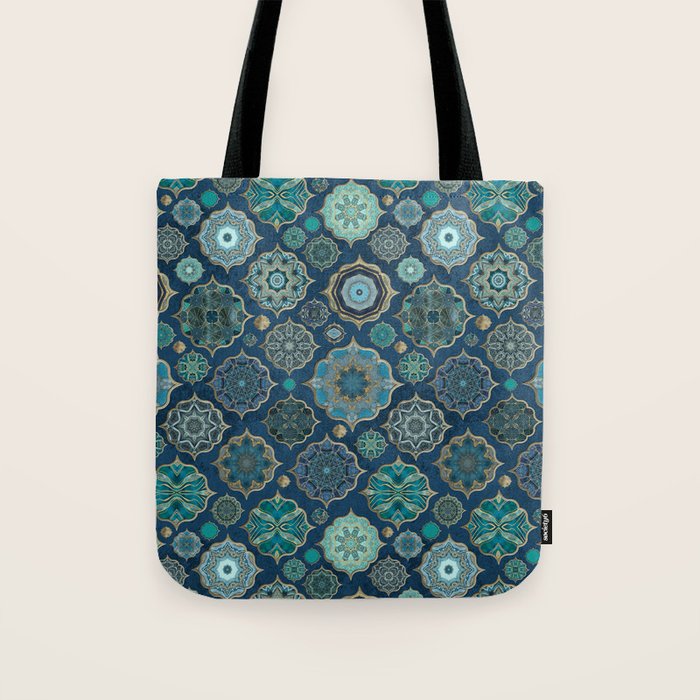 Teal Turquoise Gold Moroccan Tiles Boho Vintage Elegance Quatrefoil Shapes Tote Bag Gallery Image 1